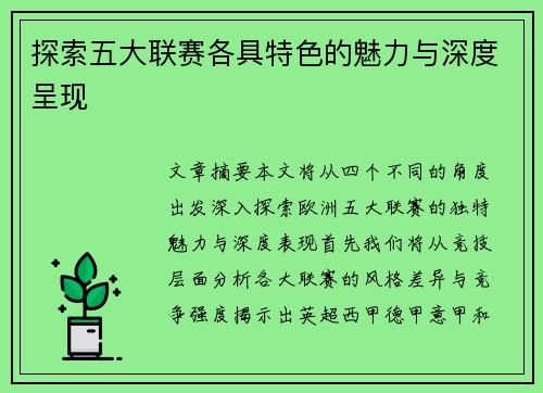 探索五大联赛各具特色的魅力与深度呈现