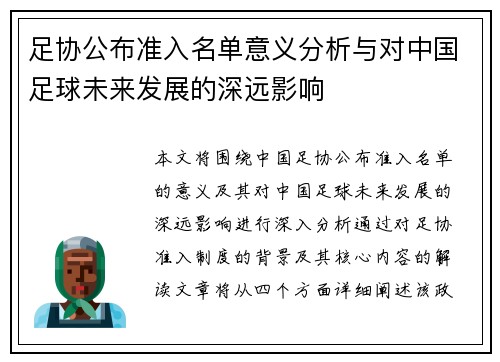 足协公布准入名单意义分析与对中国足球未来发展的深远影响