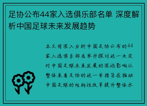 足协公布44家入选俱乐部名单 深度解析中国足球未来发展趋势